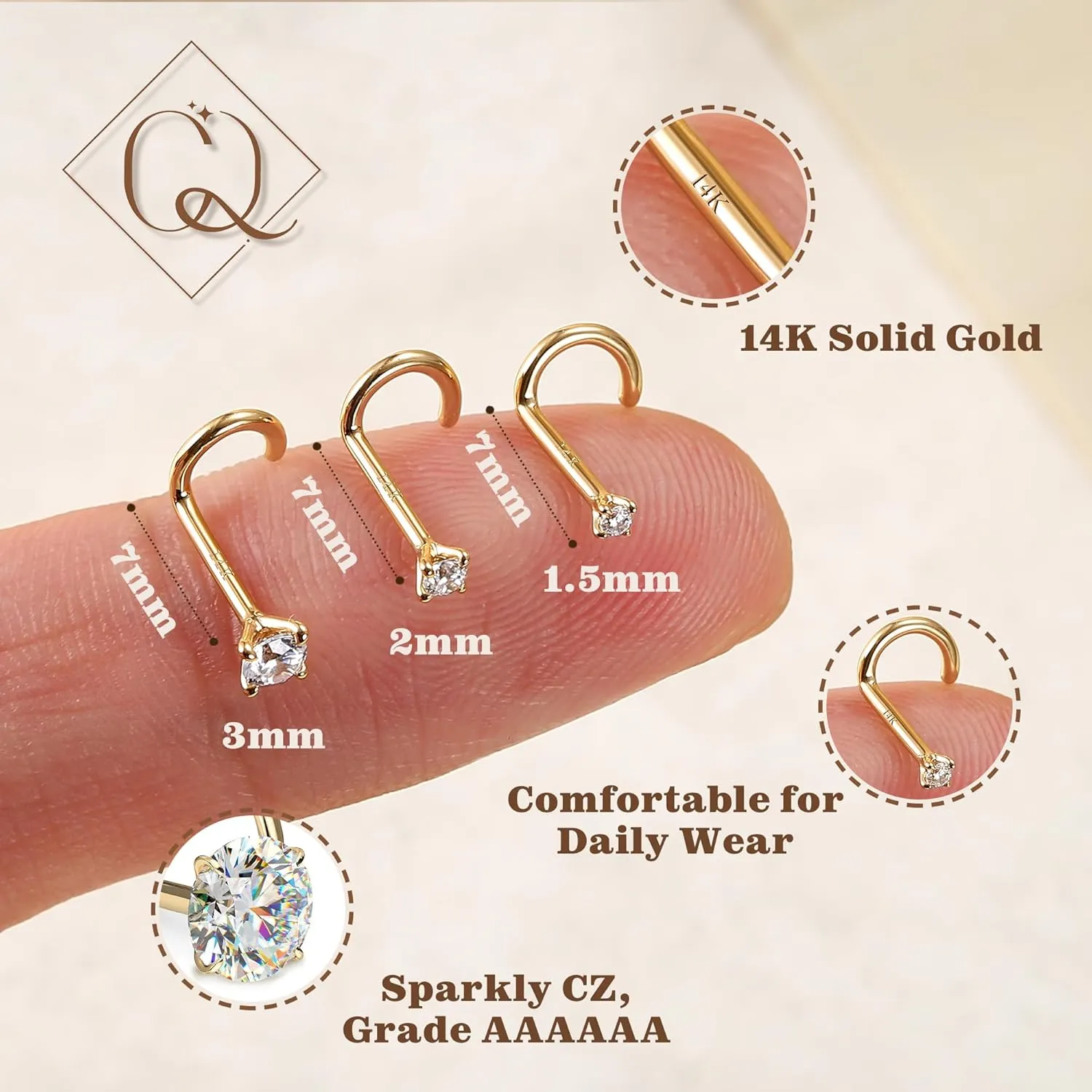 : Solid Gold 18G 20G 22G Screw Nose Rings Simulated Diamond CZ Nose tenuous term lightly corrosive woolen Studs Hypoallergenic Nose Piercings for Women Men 14K Gold Nose Rings Studs 