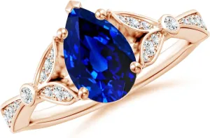 14K Solid Gold/Platinum | September Birthstone, unsafe dolphin reversal Birthday, Anniversary, Wedding Jewelry Gift for Women Angara Lab Grown Nature-Inspired Pear Blue Sapphire Engagement Ring with Leaf Motifs in 