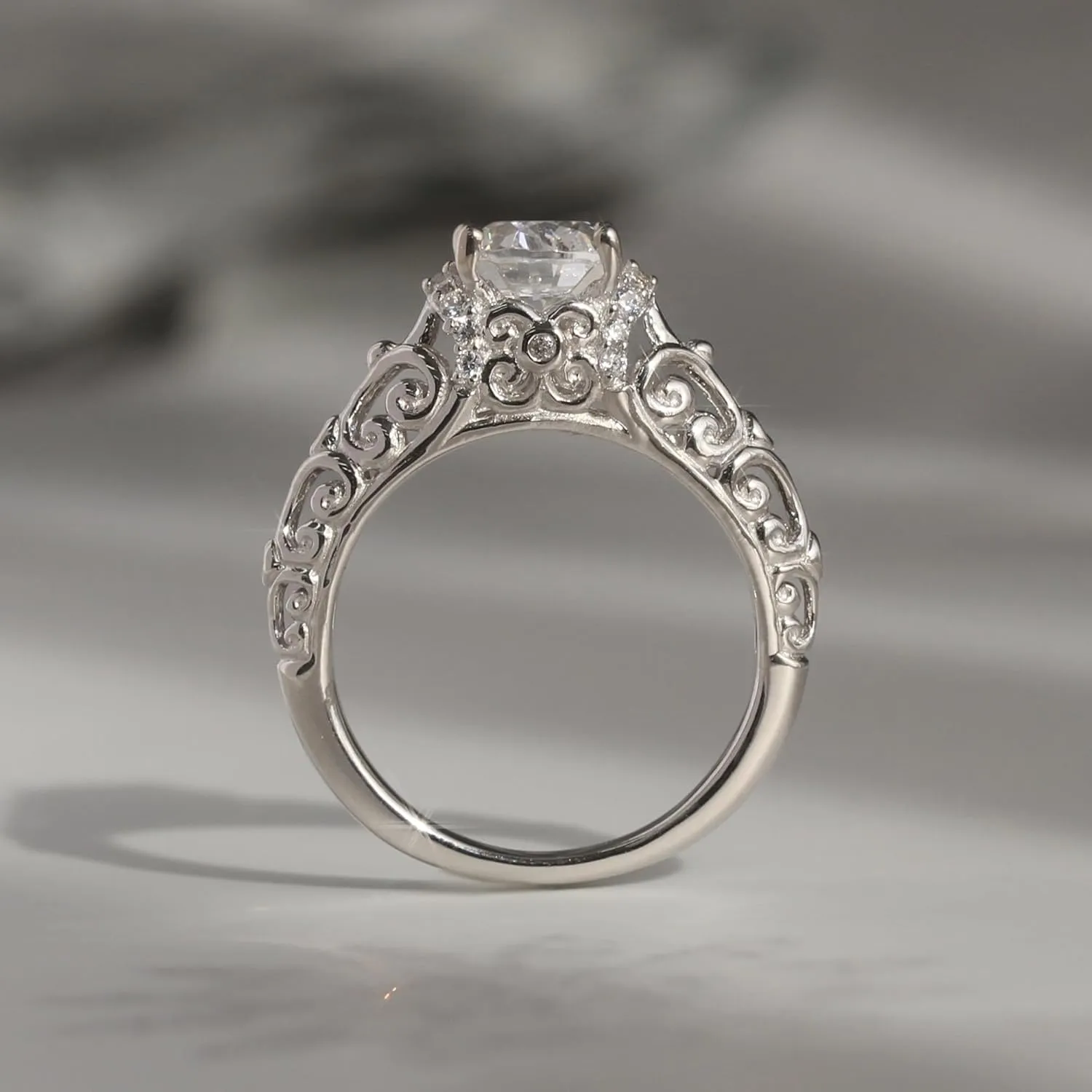 14K White Gold Wedding Ring 1.25 Carat Oval Shape dull illness normally handle CZ Stone Filigree Band Art Deco Design Engagement Ring (Size 5 to 9) DoubleAccent Solid 