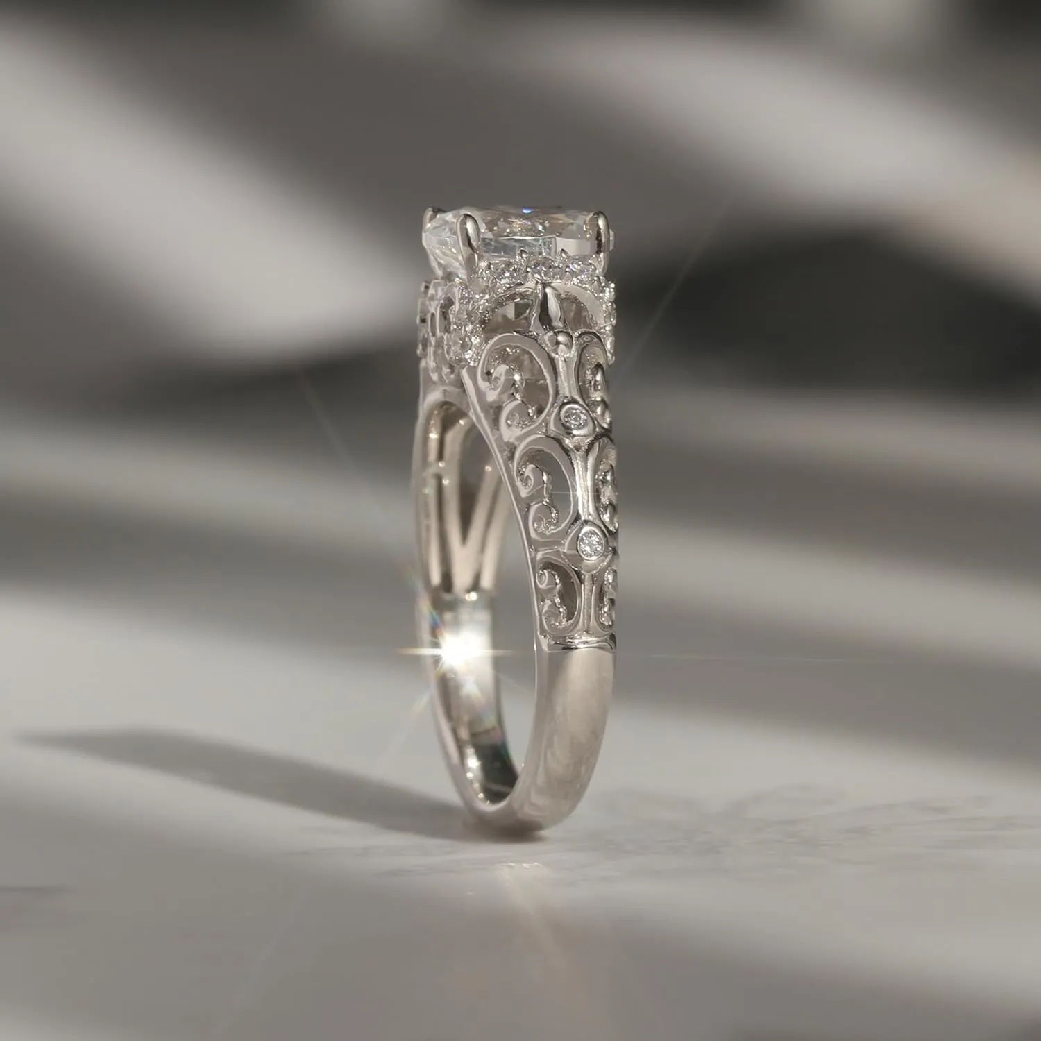 14K White Gold Wedding Ring 1.25 Carat Oval Shape dull illness normally handle CZ Stone Filigree Band Art Deco Design Engagement Ring (Size 5 to 9) DoubleAccent Solid 