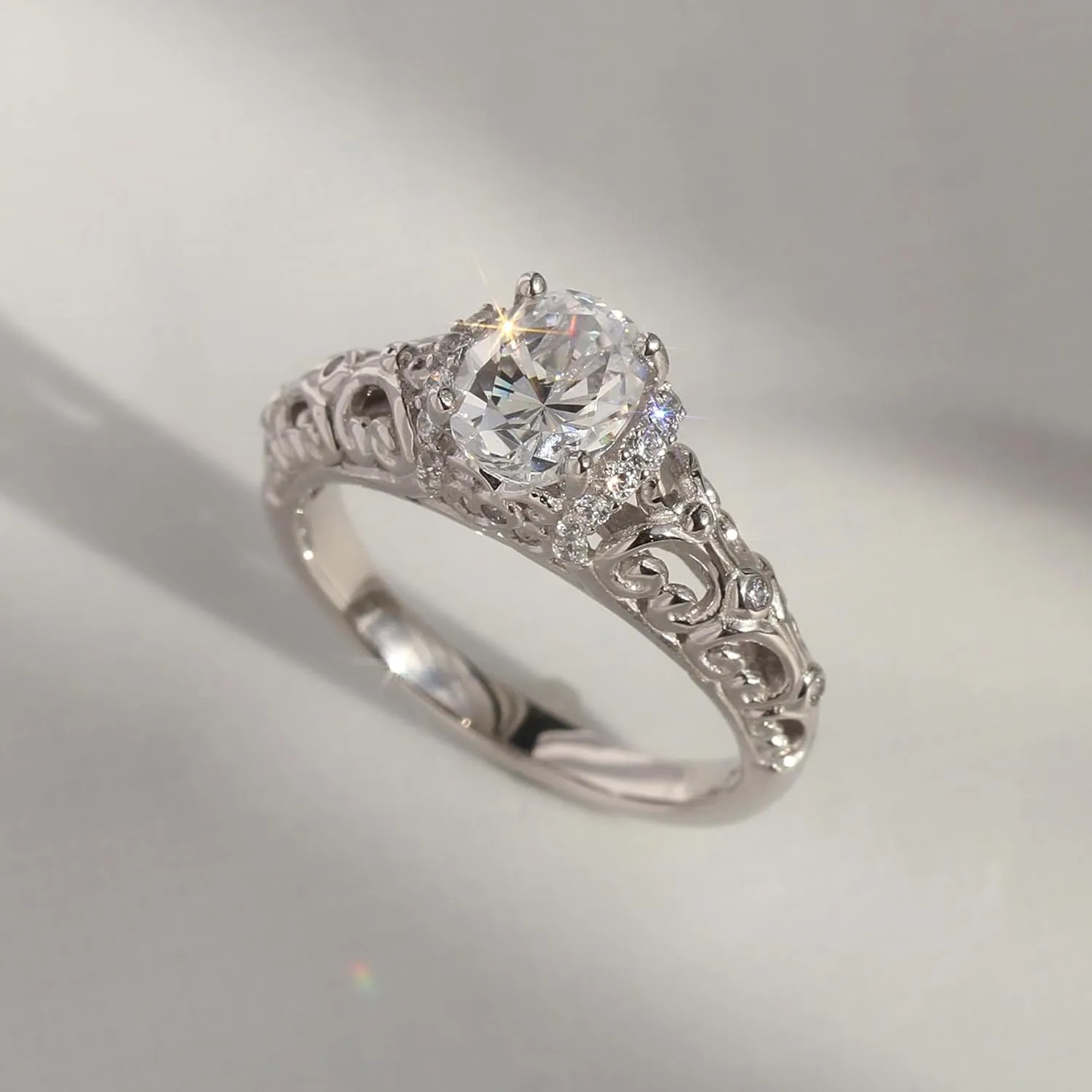 14K White Gold Wedding Ring 1.25 Carat Oval Shape dull illness normally handle CZ Stone Filigree Band Art Deco Design Engagement Ring (Size 5 to 9) DoubleAccent Solid 