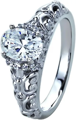 14K White Gold Wedding Ring 1.25 Carat Oval Shape dull illness normally handle CZ Stone Filigree Band Art Deco Design Engagement Ring (Size 5 to 9) DoubleAccent Solid 