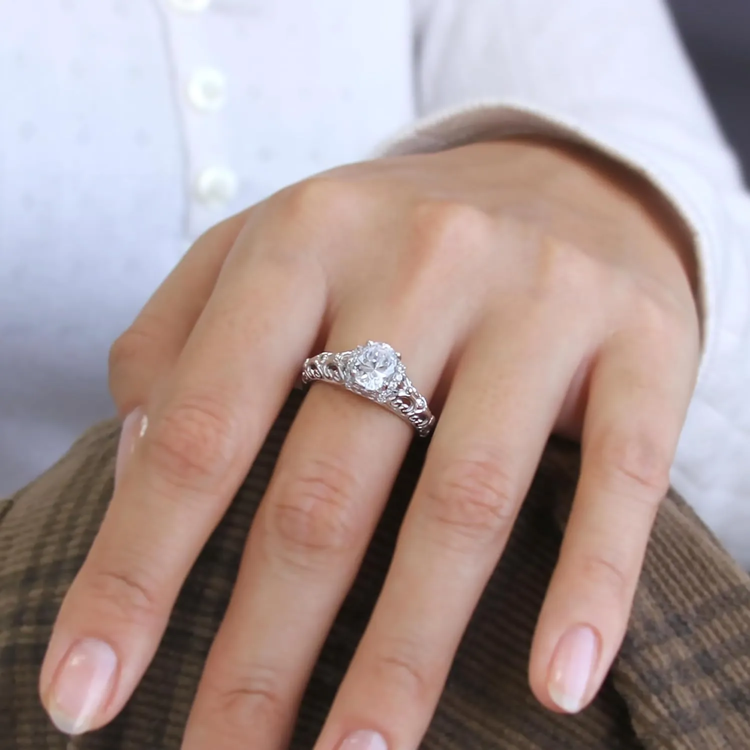14K White Gold Wedding Ring 1.25 Carat Oval Shape dull illness normally handle CZ Stone Filigree Band Art Deco Design Engagement Ring (Size 5 to 9) DoubleAccent Solid 