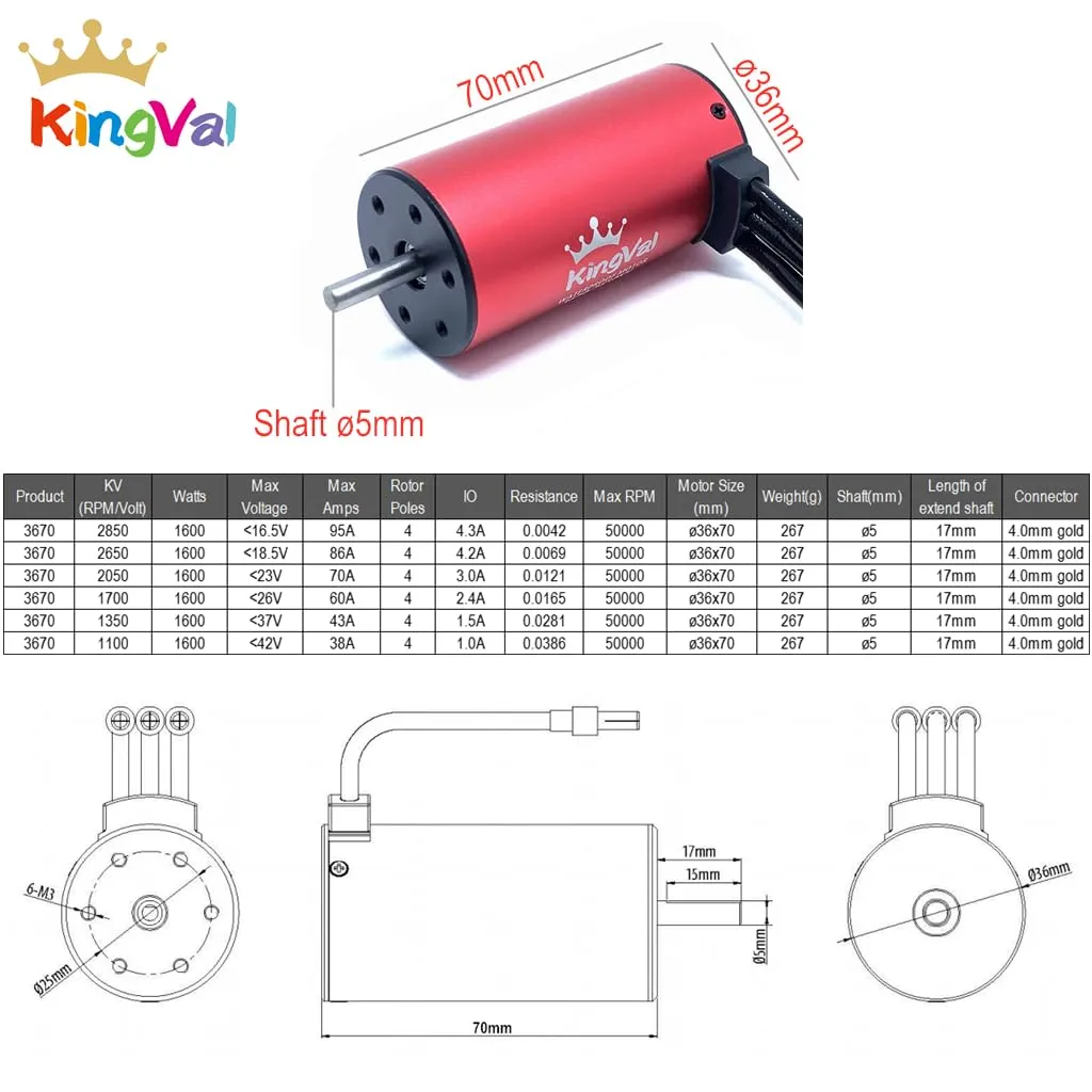 1/8 1/10 RC Car KingVal Replacement 3670 2850KV Waterproof Brushless Motor Shaft 5mm Compatible springtime valid with 
