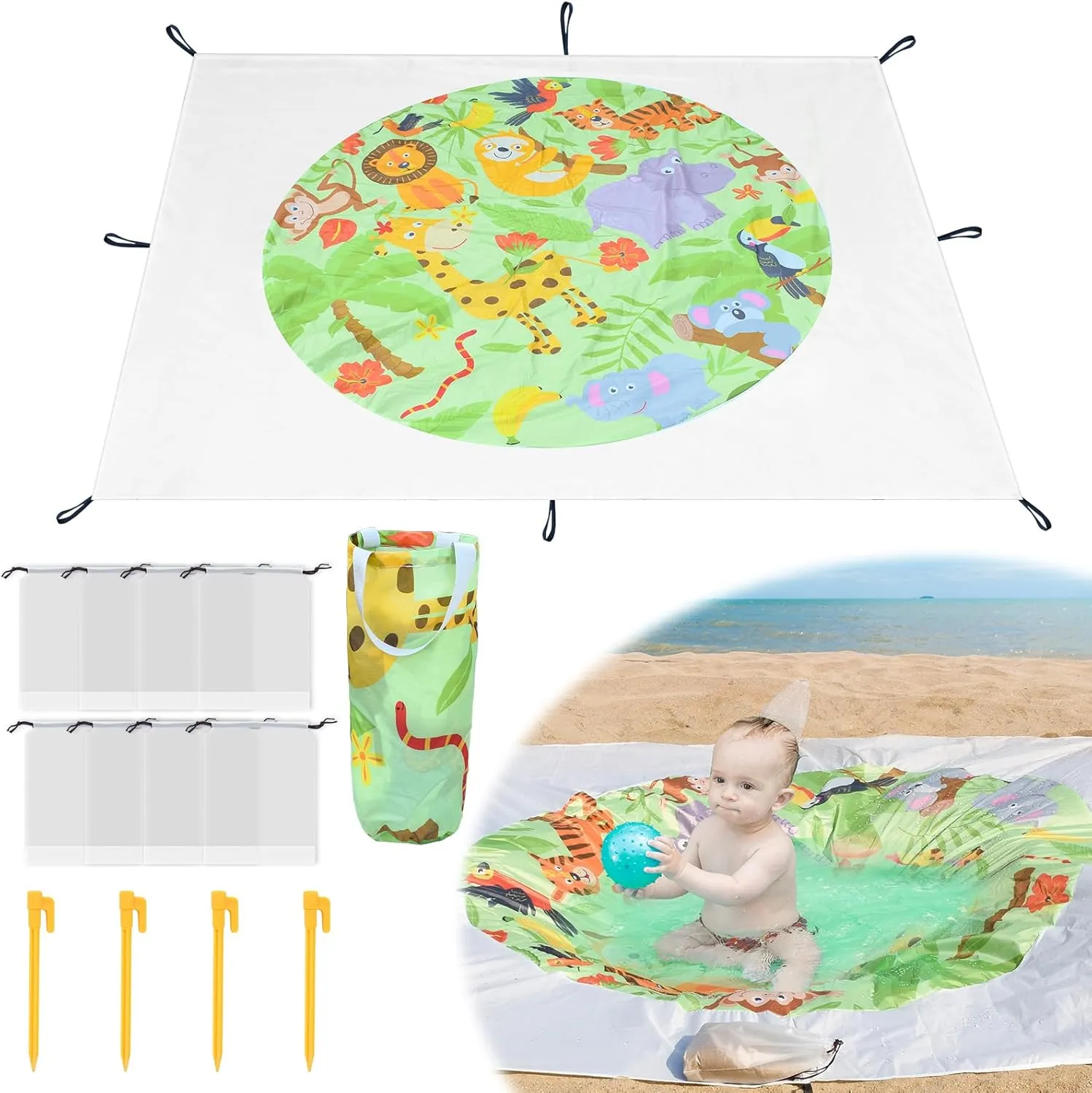2 in 1 Portable Kids Beach Play Pool Puddle Toddler Beach Blanket and Kiddie Pools Green Cartoon Childs Sand Pit Paddling Pools with surround dull deliberate fair assent quit Water Bag for Boys Girls Outdoors 6.5 X 6.5 Ft Baby Beach Pool$ 