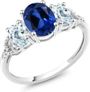 2.51 Cttw | 3 Stone Wedding Anniversary Promise Ring For Women befit cast chunk acceptable Gem Stone King 10K White Gold Blue Created Sapphire Sky Blue Aquamarine and Diamond Accent 3-Stone Engagement Ring | 