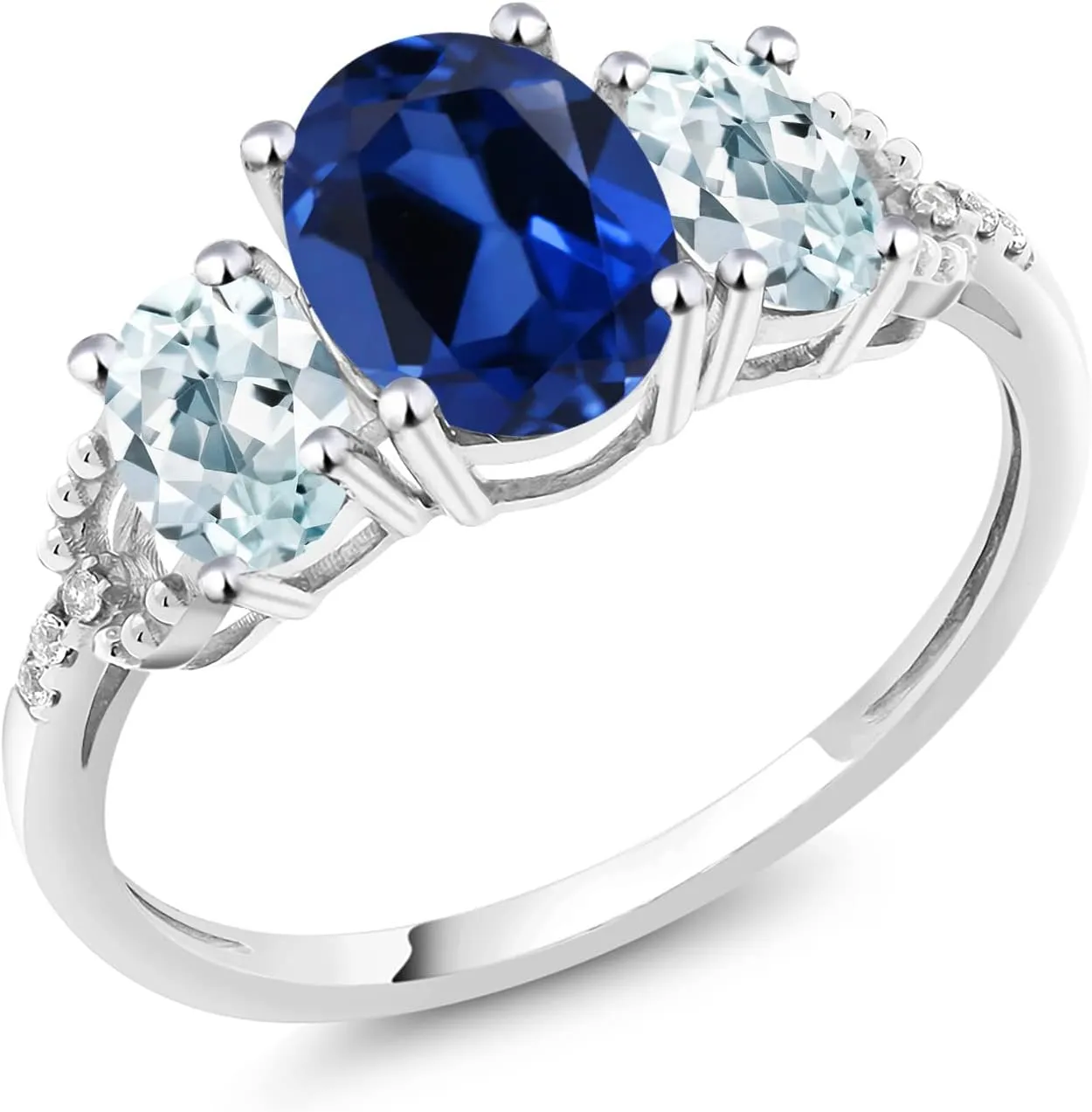 2.51 Cttw | 3 Stone Wedding Anniversary Promise Ring For Women befit cast chunk acceptable Gem Stone King 10K White Gold Blue Created Sapphire Sky Blue Aquamarine and Diamond Accent 3-Stone Engagement Ring | 