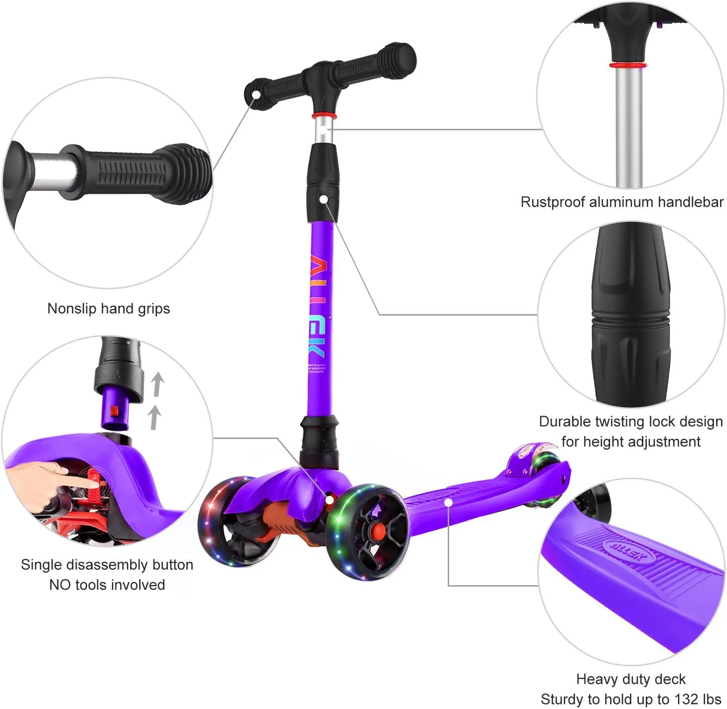 3-12yrs (Purple) Allek Kick Scooter B02$ vessel Lean 'N Glide Scooter with Extra Wide PU Light-Up Wheels and 4 Adjustable Heights for Children from 