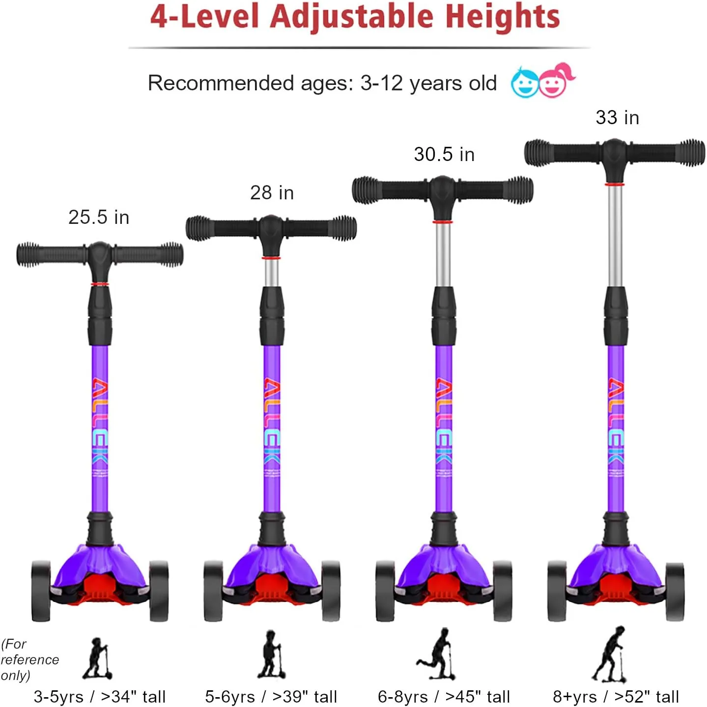 3-12yrs (Purple) Allek Kick Scooter B02$ vessel Lean 'N Glide Scooter with Extra Wide PU Light-Up Wheels and 4 Adjustable Heights for Children from 