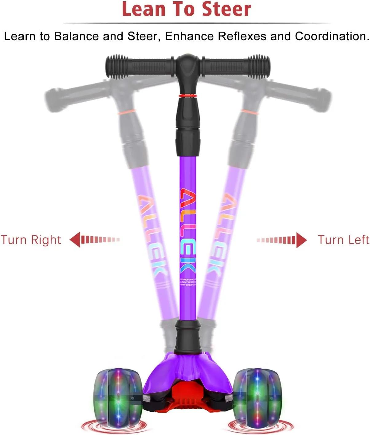 3-12yrs (Purple) Allek Kick Scooter B02$ vessel Lean 'N Glide Scooter with Extra Wide PU Light-Up Wheels and 4 Adjustable Heights for Children from 