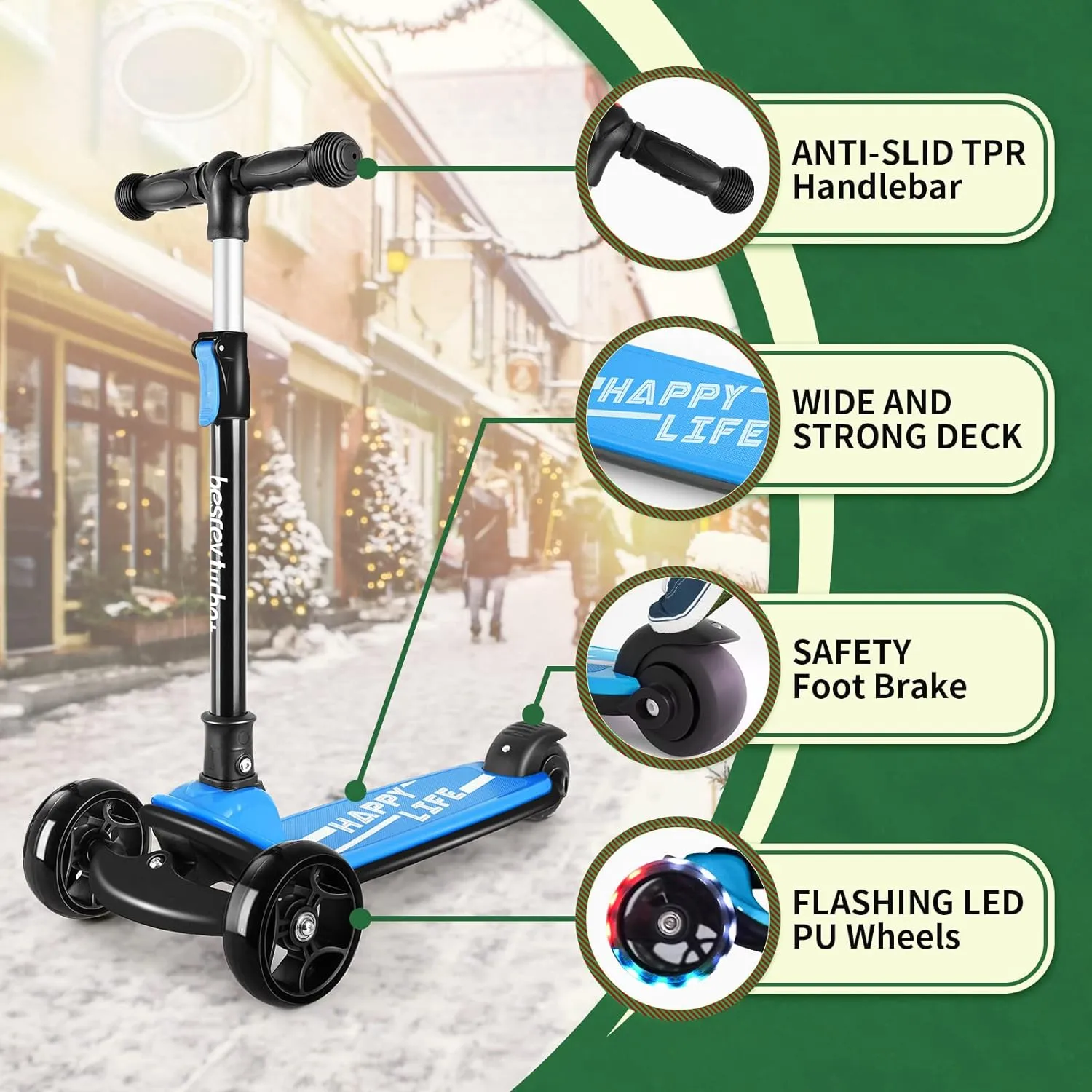 3-Wheel Folding Scooter with Adjustable Height$ LED Light Wheels$ Extra longing amend Wide Deck for Outdoor Activities Besrey Kick Scooter for Kids Ages 3-10$ 