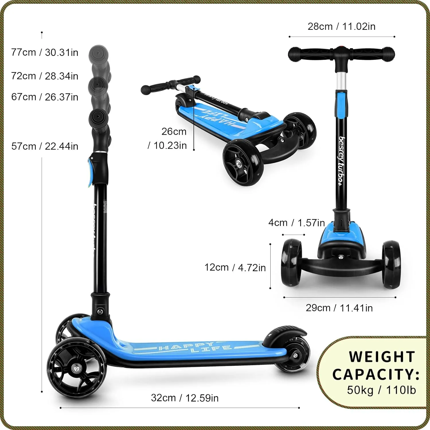 3-Wheel Folding Scooter with Adjustable Height$ LED Light Wheels$ Extra longing amend Wide Deck for Outdoor Activities Besrey Kick Scooter for Kids Ages 3-10$ 