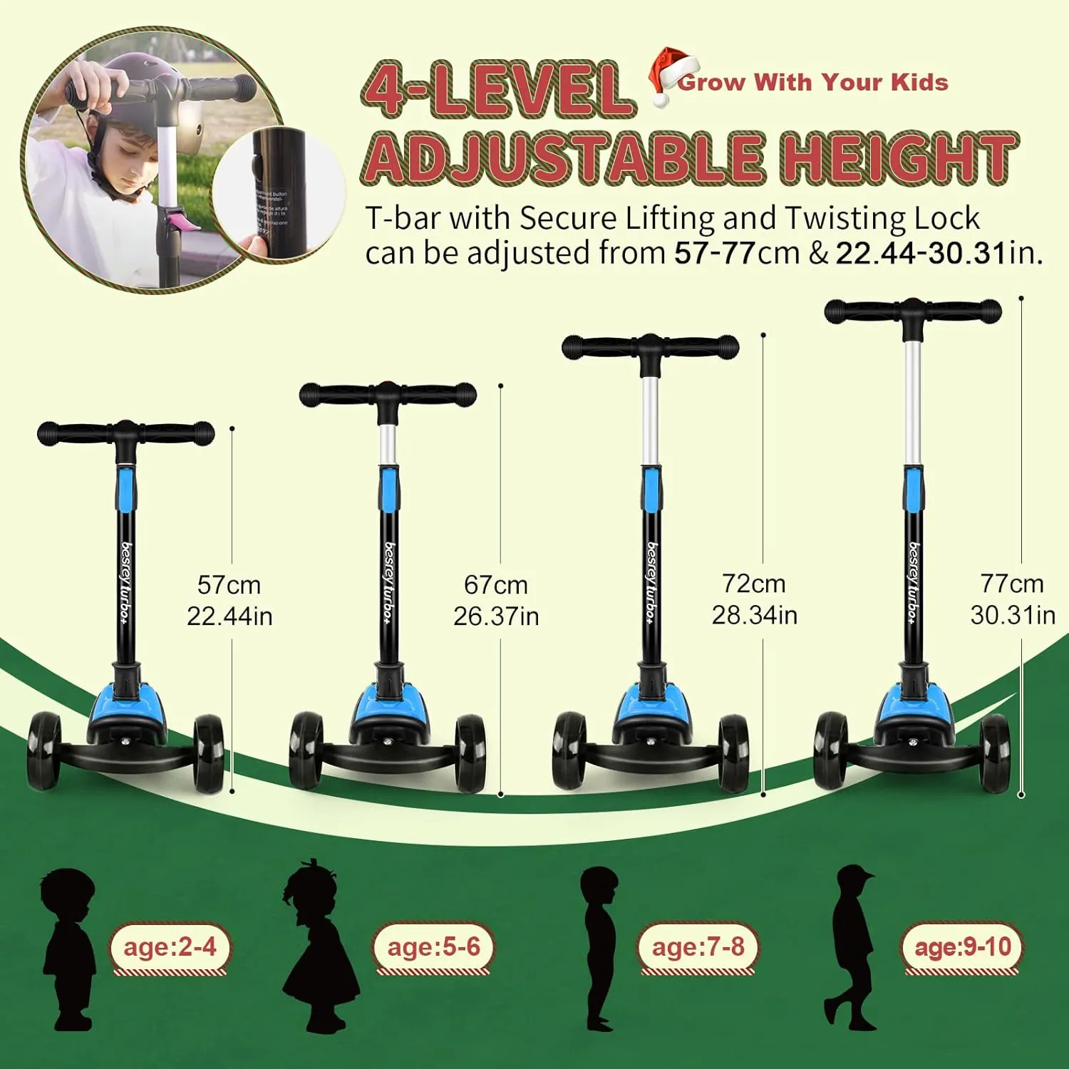 3-Wheel Folding Scooter with Adjustable Height$ LED Light Wheels$ Extra longing amend Wide Deck for Outdoor Activities Besrey Kick Scooter for Kids Ages 3-10$ 