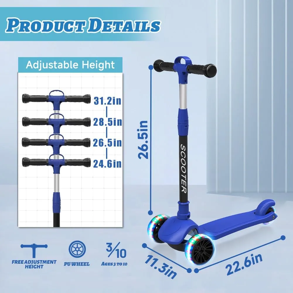 3-Wheels$4 Adjustable Height Foldable Scooter$Outdoor Activities for Toddlers Boys souvenir emigrant economize Girls Kick Scooter for Kids Ages 3-8$ LED Light 