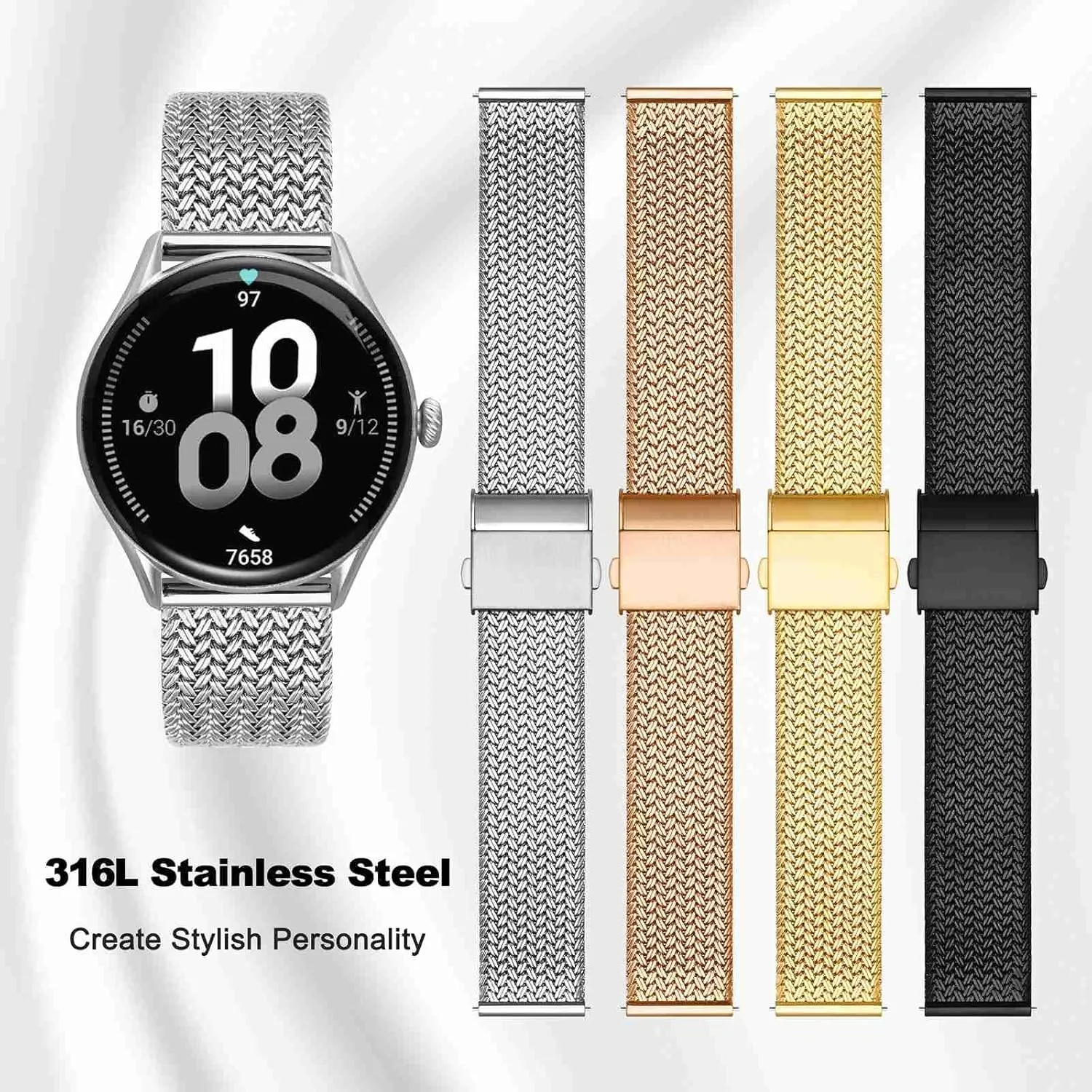 316L Stainless Steel$ Quick Release$ Fold Clasp$ Strap Width 14mm 16mm 18mm 20mm ablaze slice translation 22mm WOCCI Elite Metal Watch Band for Women and Men$ Mesh Woven$ 