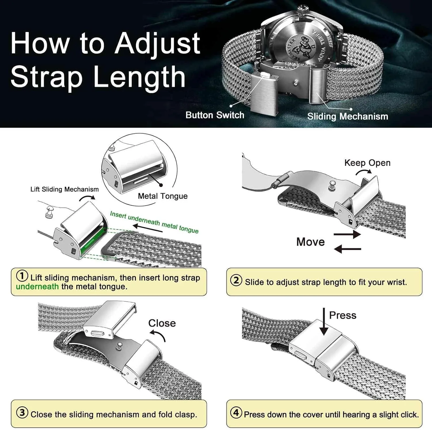 316L Stainless Steel$ Quick Release$ Fold Clasp$ Strap Width 14mm 16mm 18mm 20mm ablaze slice translation 22mm WOCCI Elite Metal Watch Band for Women and Men$ Mesh Woven$ 