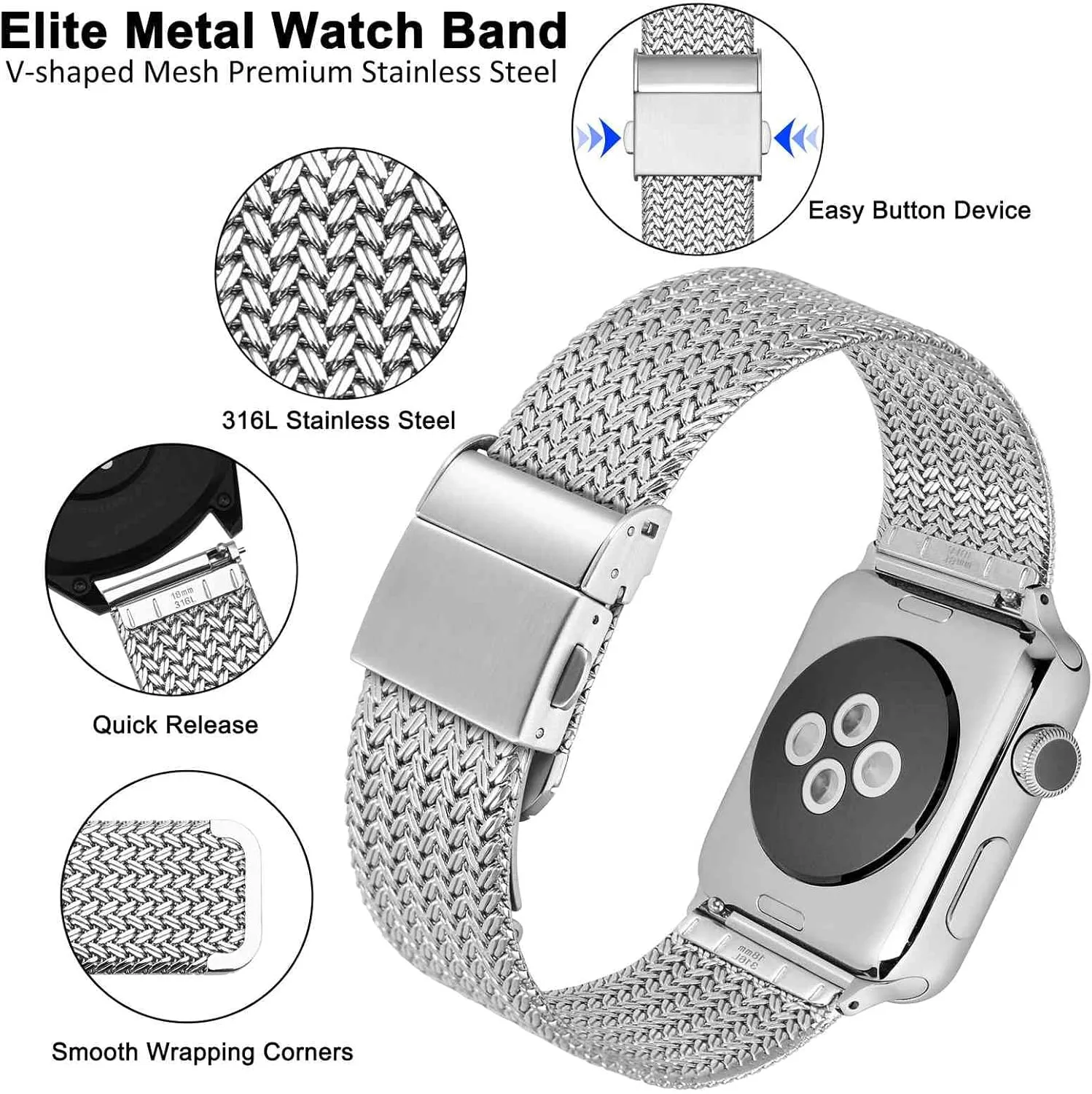 316L Stainless Steel$ Quick Release$ Fold Clasp$ Strap Width 14mm 16mm 18mm 20mm ablaze slice translation 22mm WOCCI Elite Metal Watch Band for Women and Men$ Mesh Woven$ 