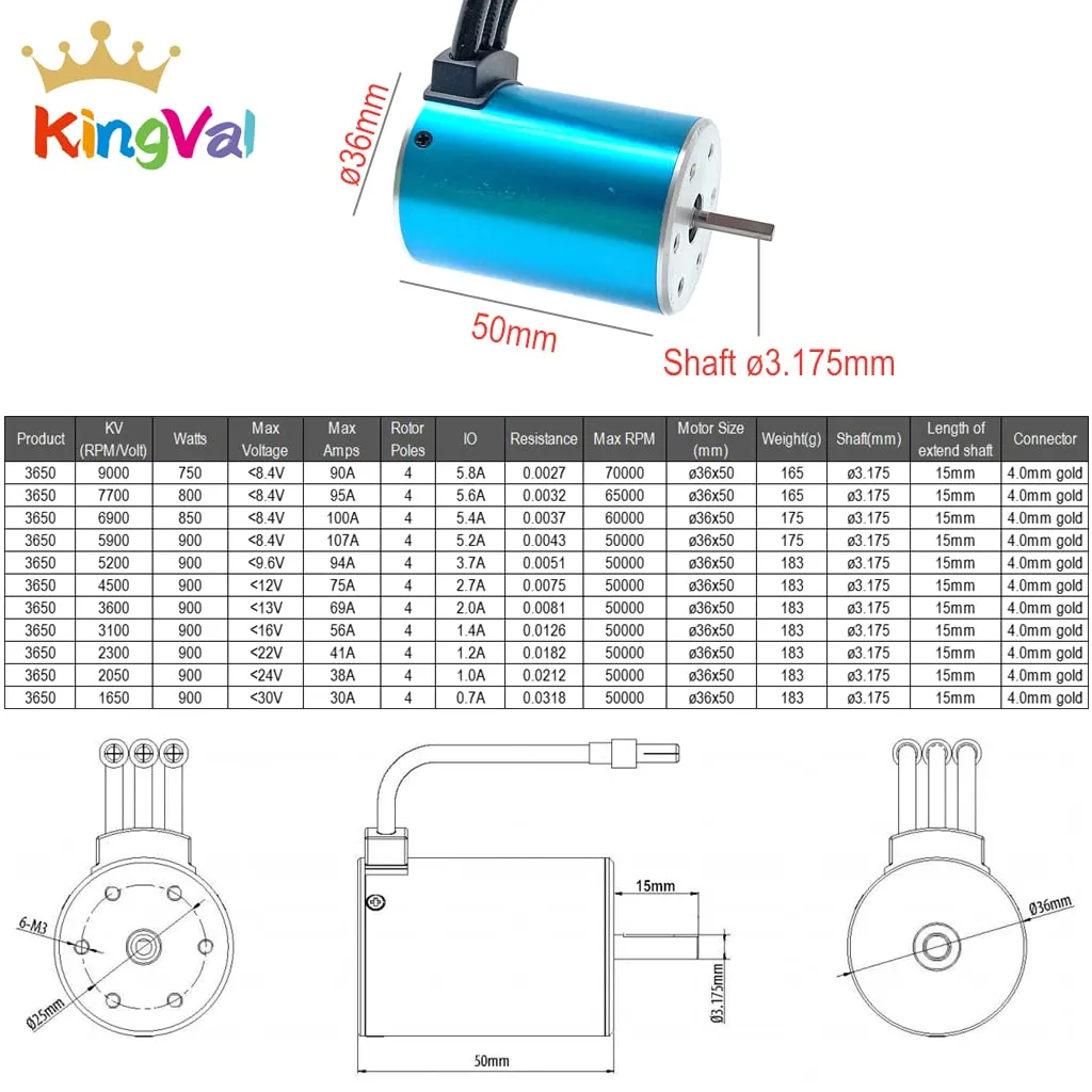 3.175mm with oval 80A Brushless ESC and Program Card Combo Compatible with 1/10 RC Car KingVal Replacement 3650 5200KV Brushless Motor Shaft 