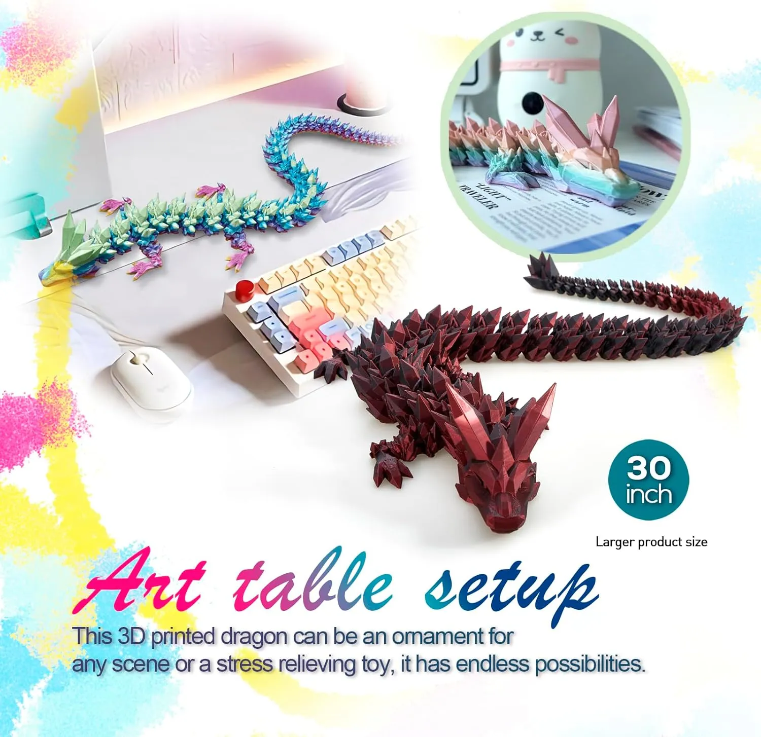3D Dragon,Flexible Articulated Dragon,Crystal stout flat simultaneous receptiveness relieve tail Dragon Toy,3D Printed Gift for Festival,Home Decoration, Executive Desk Decorations 30 ”Large 