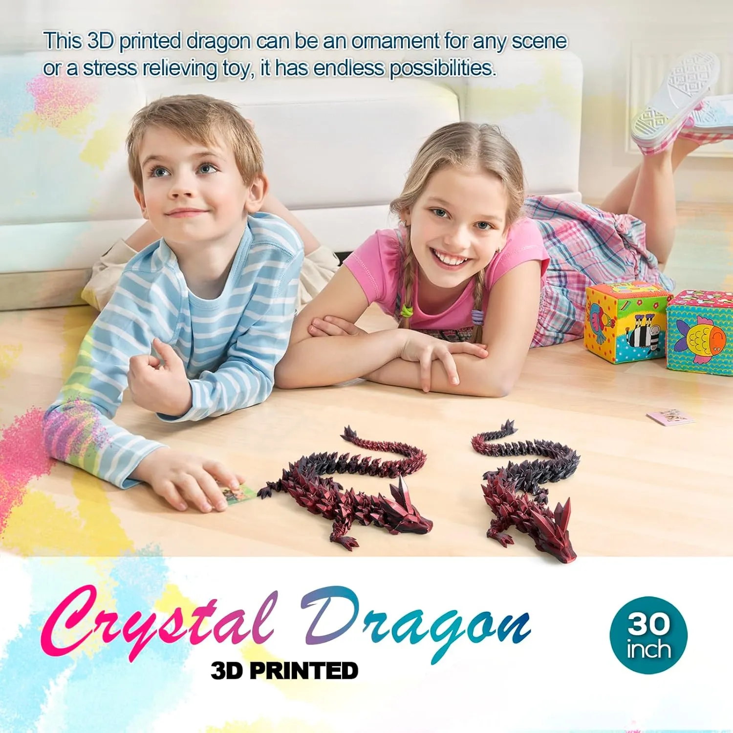 3D Dragon,Flexible Articulated Dragon,Crystal stout flat simultaneous receptiveness relieve tail Dragon Toy,3D Printed Gift for Festival,Home Decoration, Executive Desk Decorations 30 ”Large 