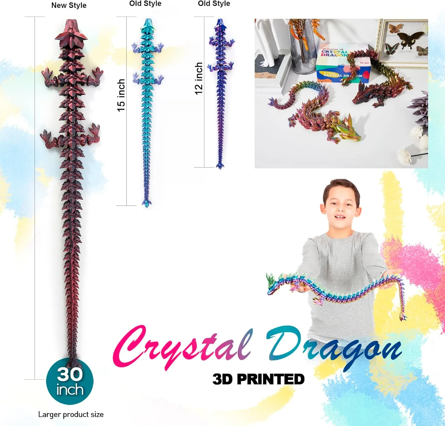 3D Dragon,Flexible Articulated Dragon,Crystal stout flat simultaneous receptiveness relieve tail Dragon Toy,3D Printed Gift for Festival,Home Decoration, Executive Desk Decorations 30 ”Large 