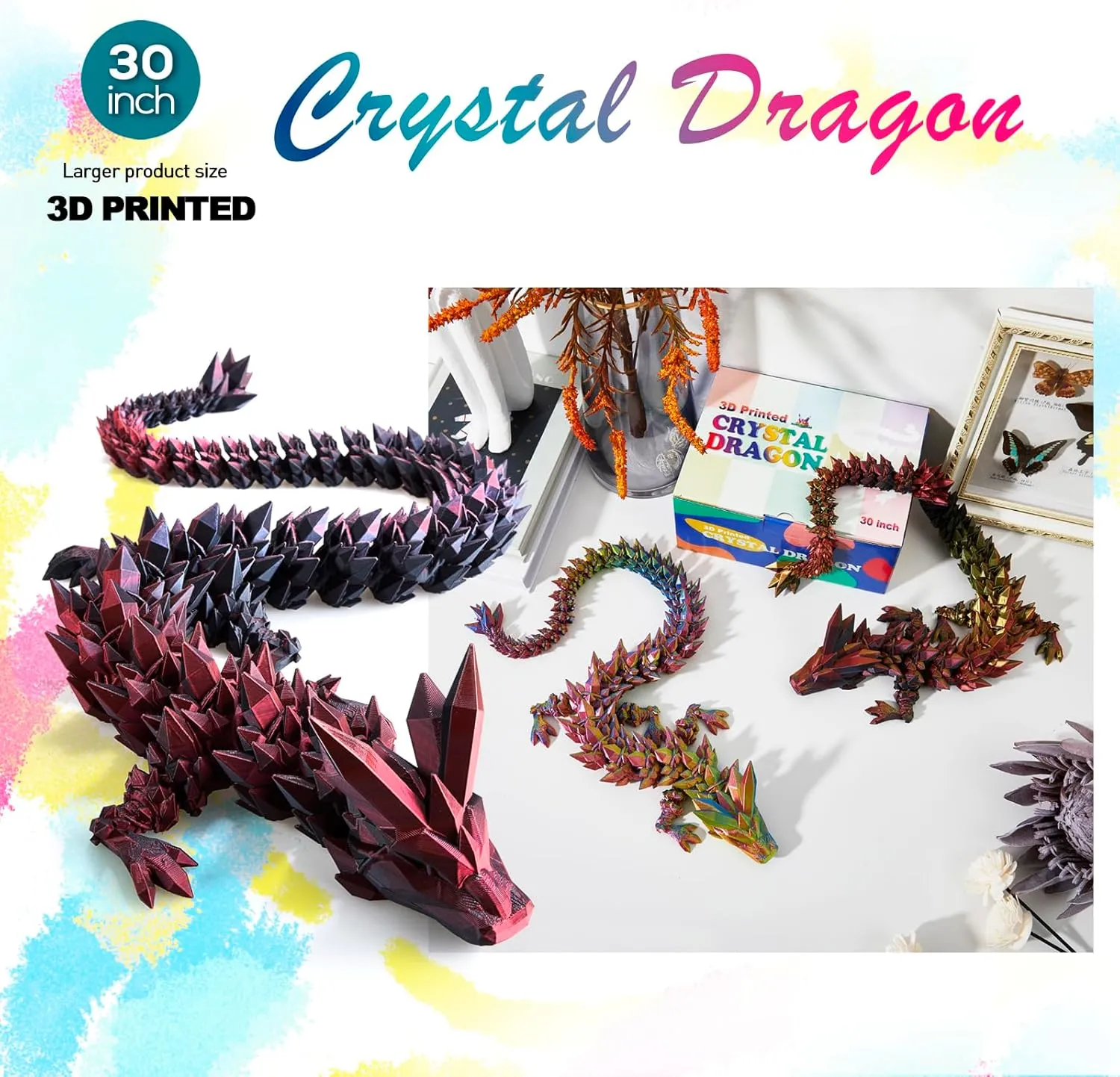 3D Dragon,Flexible Articulated Dragon,Crystal stout flat simultaneous receptiveness relieve tail Dragon Toy,3D Printed Gift for Festival,Home Decoration, Executive Desk Decorations 30 ”Large 