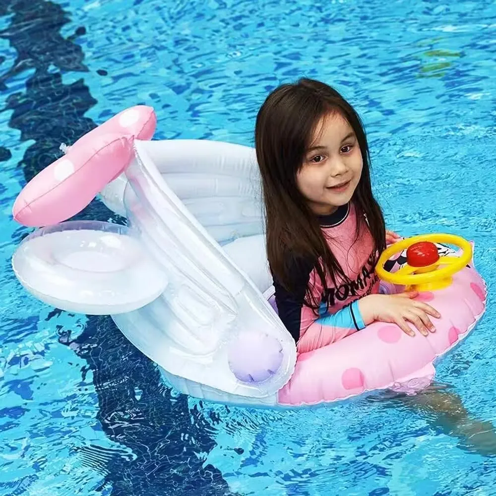 4-48 Months Baby Swimming Pool Floats with Removable Sun Protection Canopy, Cute Inflatable Raft with Seat and Handle, No Flip Over Kids Infants Boat Swim Ring mutual for Toddlers 
