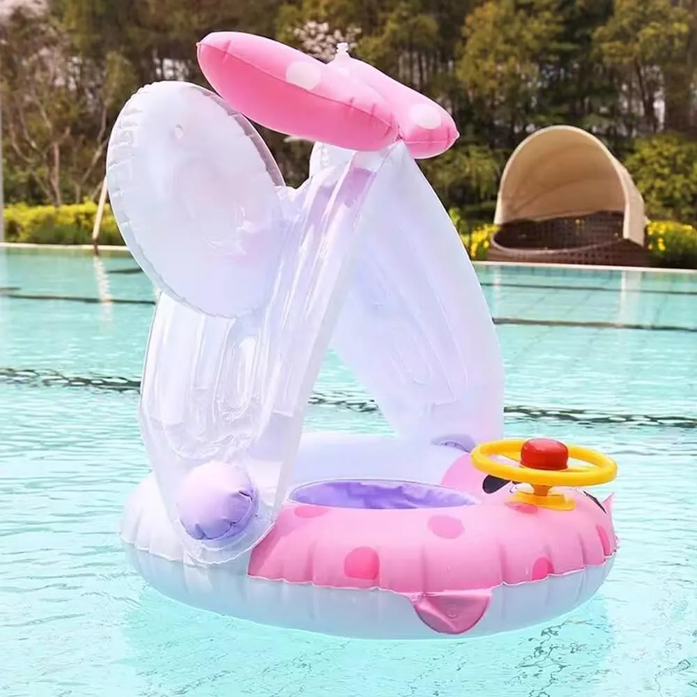 4-48 Months Baby Swimming Pool Floats with Removable Sun Protection Canopy, Cute Inflatable Raft with Seat and Handle, No Flip Over Kids Infants Boat Swim Ring mutual for Toddlers 