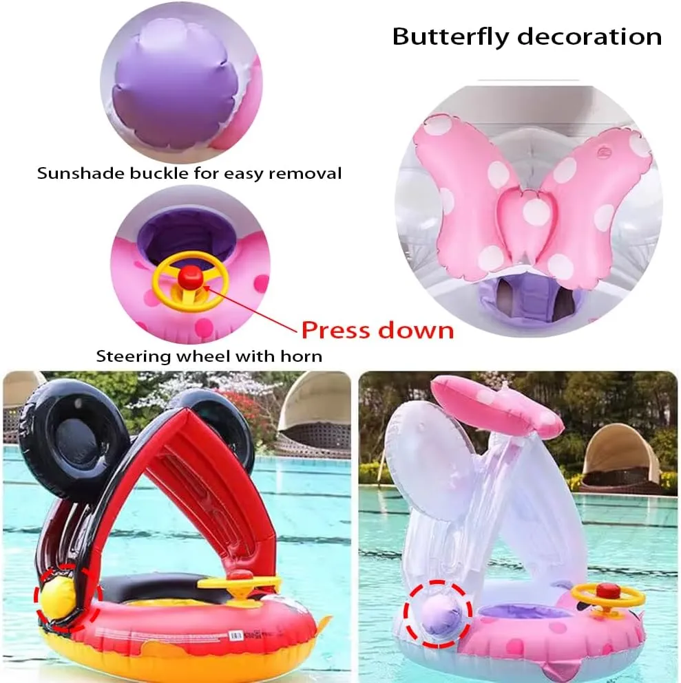 4-48 Months Baby Swimming Pool Floats with Removable Sun Protection Canopy, Cute Inflatable Raft with Seat and Handle, No Flip Over Kids Infants Boat Swim Ring mutual for Toddlers 