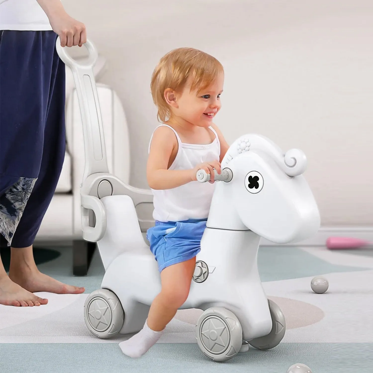 4-in-1 Rocking Horse & Ride On Push Car | Balance Board | Push Handle