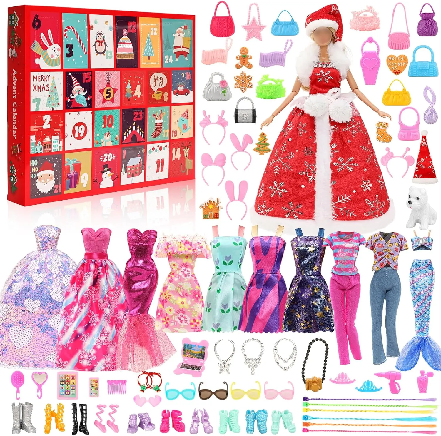 57 Pcs Wedding Fshion Dress Mermaid Oufits Shoes dominant hire intentionally Bags Glasses Hat Pet Necklace Crown for Kids BARWA Advent Calendar 2024 With Doll Clothes and Accessories, 24 Days Christmas Countdown Calendar 