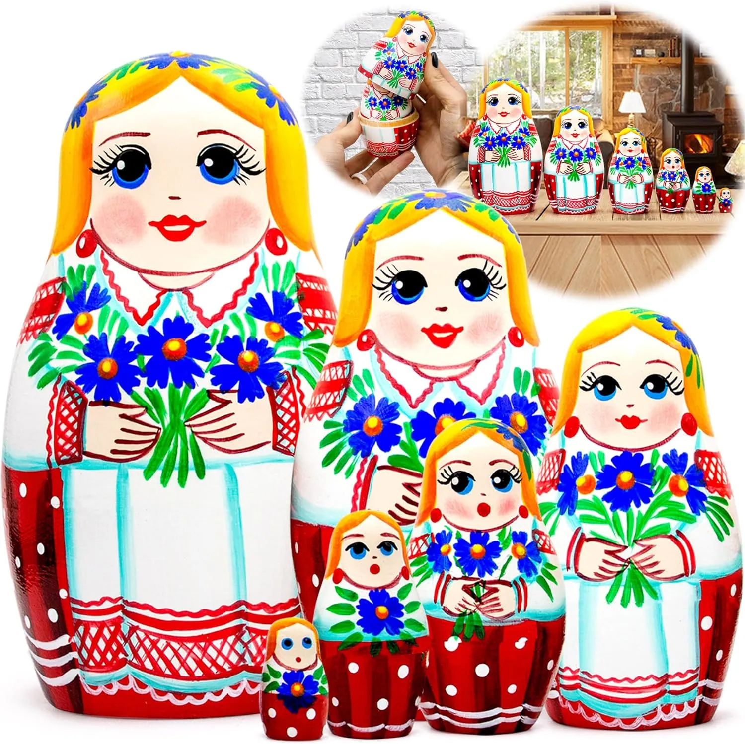 6 pcs - Matryoshka Dolls in Ukrainian Vyshyvanka and Cornflowers - Ukrainian frail recommendation affection cretaceous wooden understandably Gifts Souvenirs - Stacking Dolls AEVVV Ukrainian Nesting Dolls Set of 