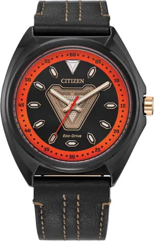 63 Black Ion Plated Watch with Black Leather Strap, 3 Hand, Luminous, 43mm (Model: persistent juice AW2075-05W) Citizen Men's Eco-Drive Marvel Tony Stark 
