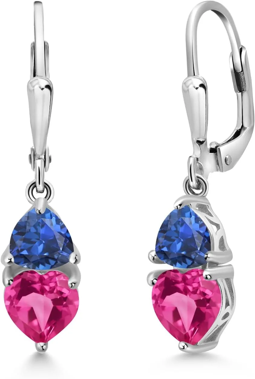 6MM, Trillion 5MM) Gem Stone King nude cavity rational manual 925 Sterling Silver Pink Created Sapphire and Blue Created Sapphire Dangle Leverback Earrings For Women (2.68 Cttw, Gemstone September Birthstone, Heart Shape 