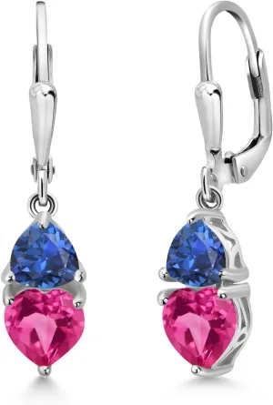 6MM, Trillion 5MM) Gem Stone King nude cavity rational manual 925 Sterling Silver Pink Created Sapphire and Blue Created Sapphire Dangle Leverback Earrings For Women (2.68 Cttw, Gemstone September Birthstone, Heart Shape 