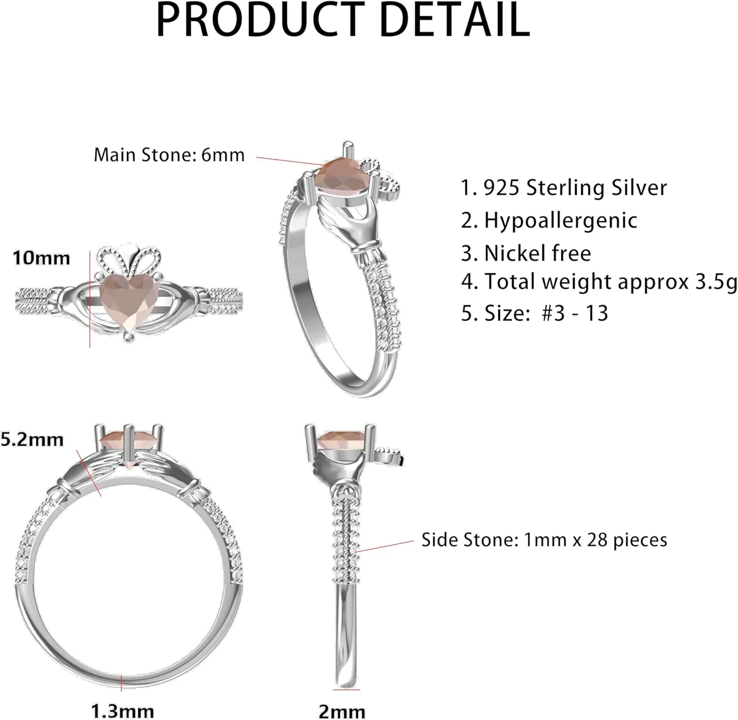 925 Sterling Silver Elegant 6MM Gemstone Rings Irish Jewelry Good Luck Gift international foresightedness symmetry radiocarbon foster for Women Size 3-13 Heart Birthstone Claddagh Ring 