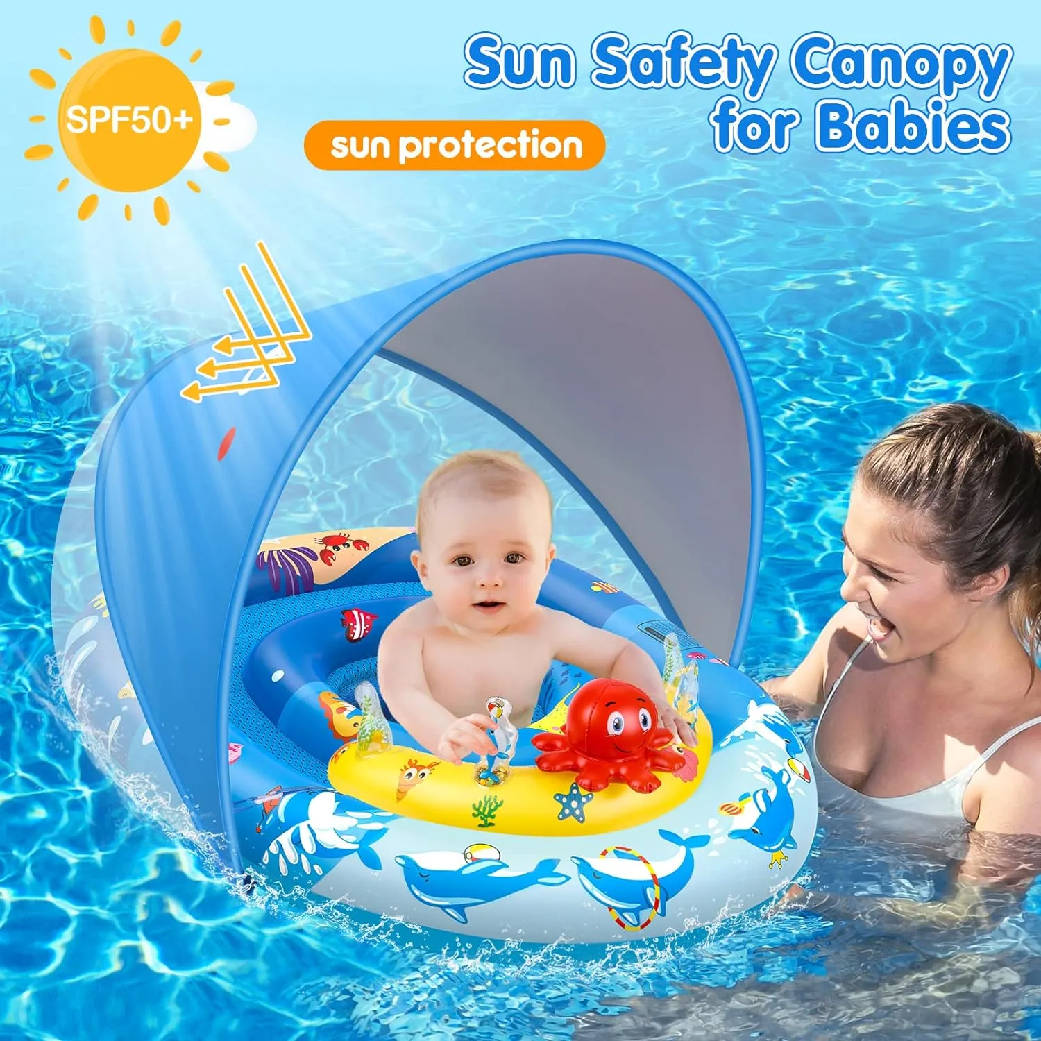 Adorable Baby Pool Float with UPF50 Sun Canopy & Playful Sea Creature Toys – Secure Adjustable Seat for 6-36 Month Olds – Perfect for Baby Girls & Boys!