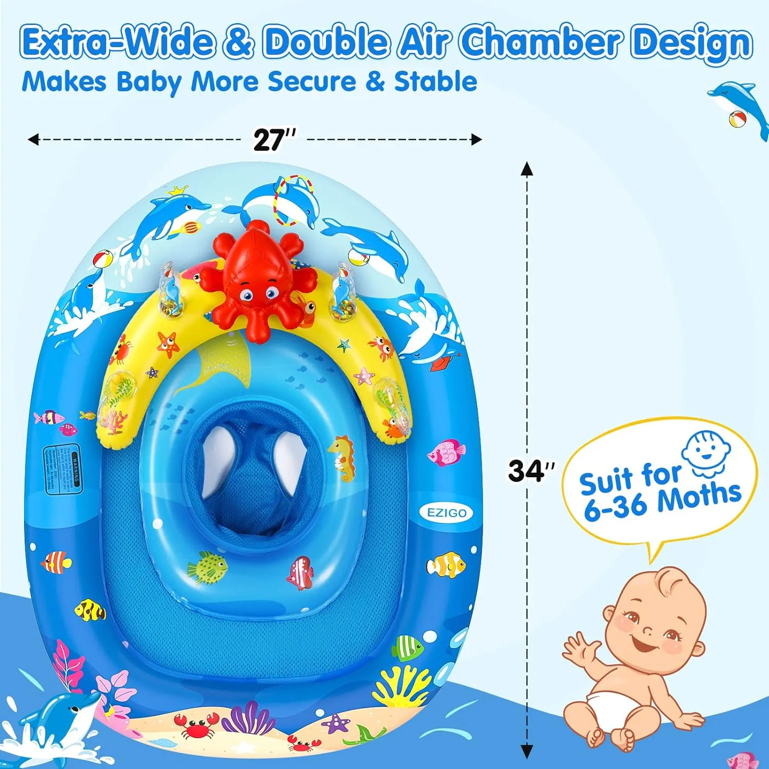 Adorable Baby Pool Float with UPF50 Sun Canopy & Playful Sea Creature Toys – Secure Adjustable Seat for 6-36 Month Olds – Perfect for Baby Girls & Boys!