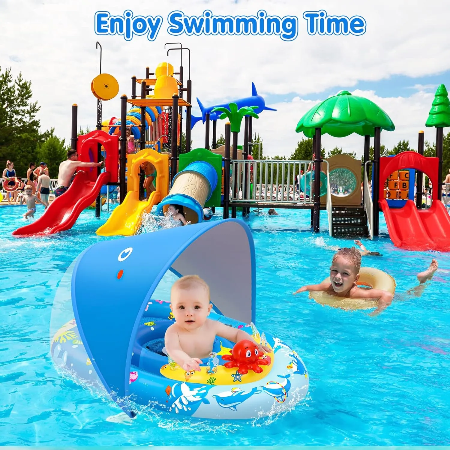 Adorable Baby Pool Float with UPF50 Sun Canopy & Playful Sea Creature Toys – Secure Adjustable Seat for 6-36 Month Olds – Perfect for Baby Girls & Boys!