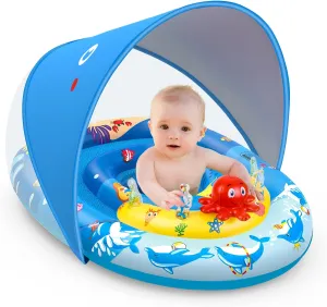 Adorable Baby Pool Float with UPF50 Sun Canopy & Playful Sea Creature Toys – Secure Adjustable Seat for 6-36 Month Olds – Perfect for Baby Girls & Boys!