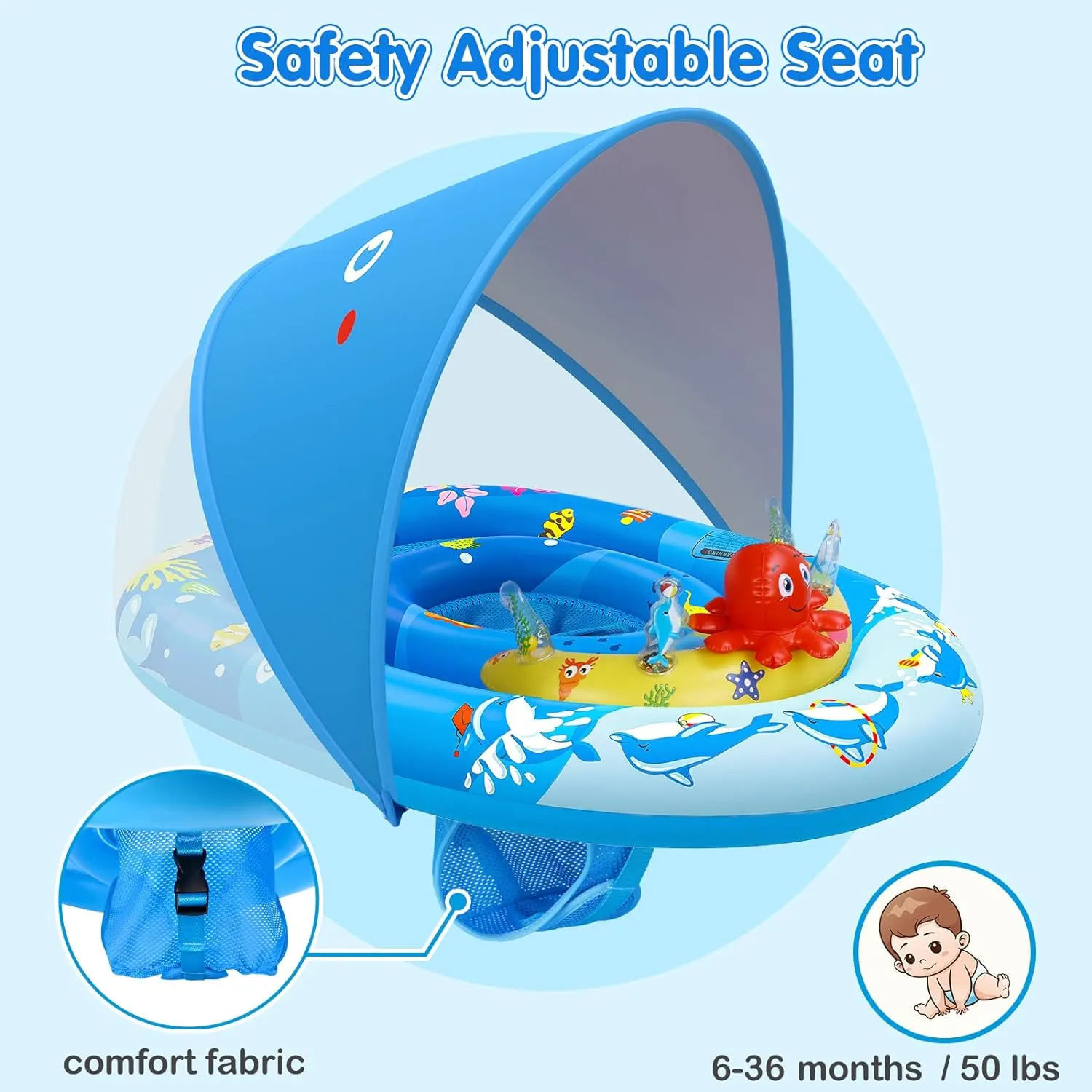 Adorable Baby Pool Float with UPF50 Sun Canopy & Playful Sea Creature Toys – Secure Adjustable Seat for 6-36 Month Olds – Perfect for Baby Girls & Boys!