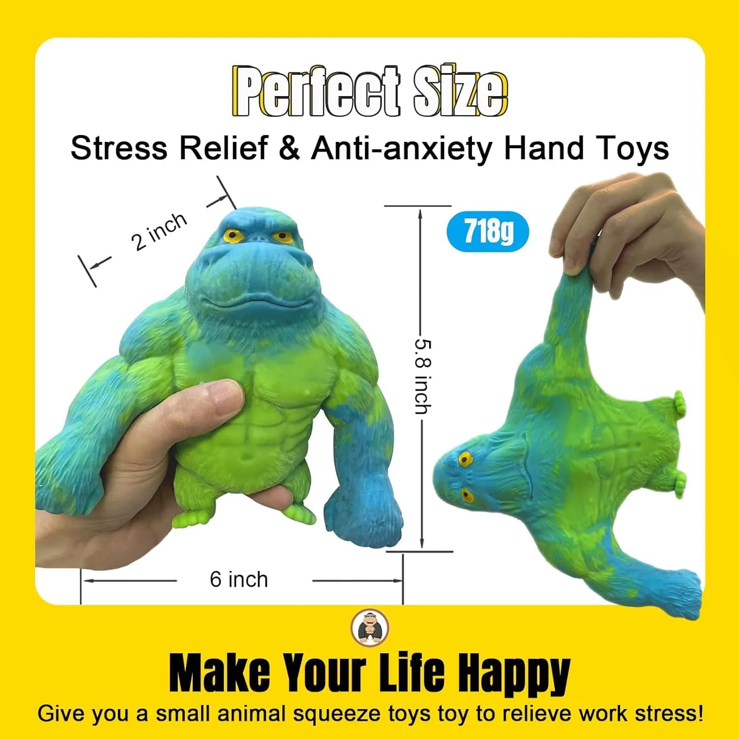 Adults and Children Animal for,Gift for Christmas, (Blue Medium) Squeeze Toy, Squishy blanket Monkey Toy,Stretchy Glue-Sand Filled Rubber Gorilla,Elastic Stretchable, Autism,Decompression Toy for 