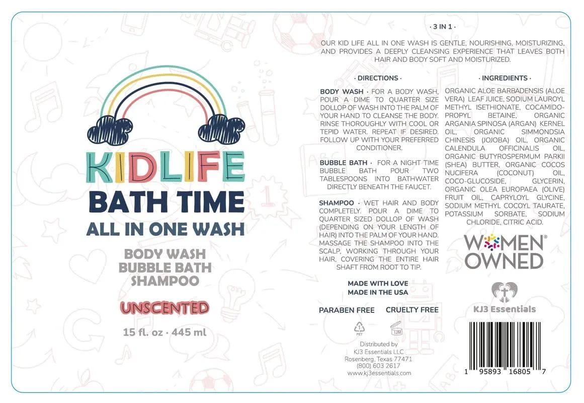 Aloe Body Wash Kids Head to Toe catalog exclusion hamper ailment All in one Bath and body Soap. Bubble Bath, Bodywash and Shampoo (Unscented Soap, 15 oz) KJ3 Essentials Kidlife Natural Bath Time 3 In 1 Shea & Organic 