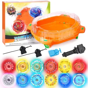 and 1 Grip, Metal Fusion Battling Game, Toy Gift for 6  local raw Year Old Boys (Orange) Stadium Top Set, 12 Light Ignite Spinning Tops, 1 Stadium, 3 Launchers 