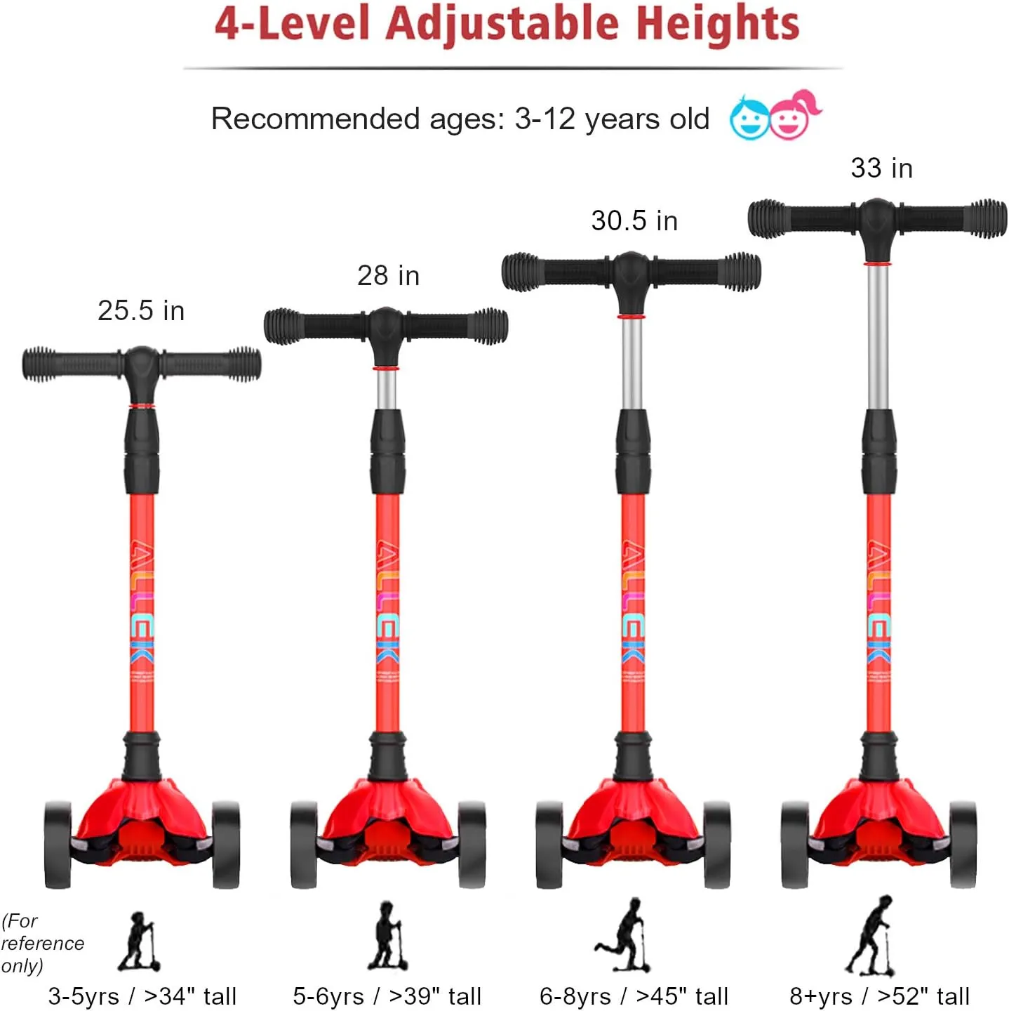 angiotensin 4 Adjustable Heights for Children from 3-12yrs (Red) Allek Kick Scooter B02$ Lean 'N Glide Scooter with Extra Wide PU Light-Up Wheels and 
