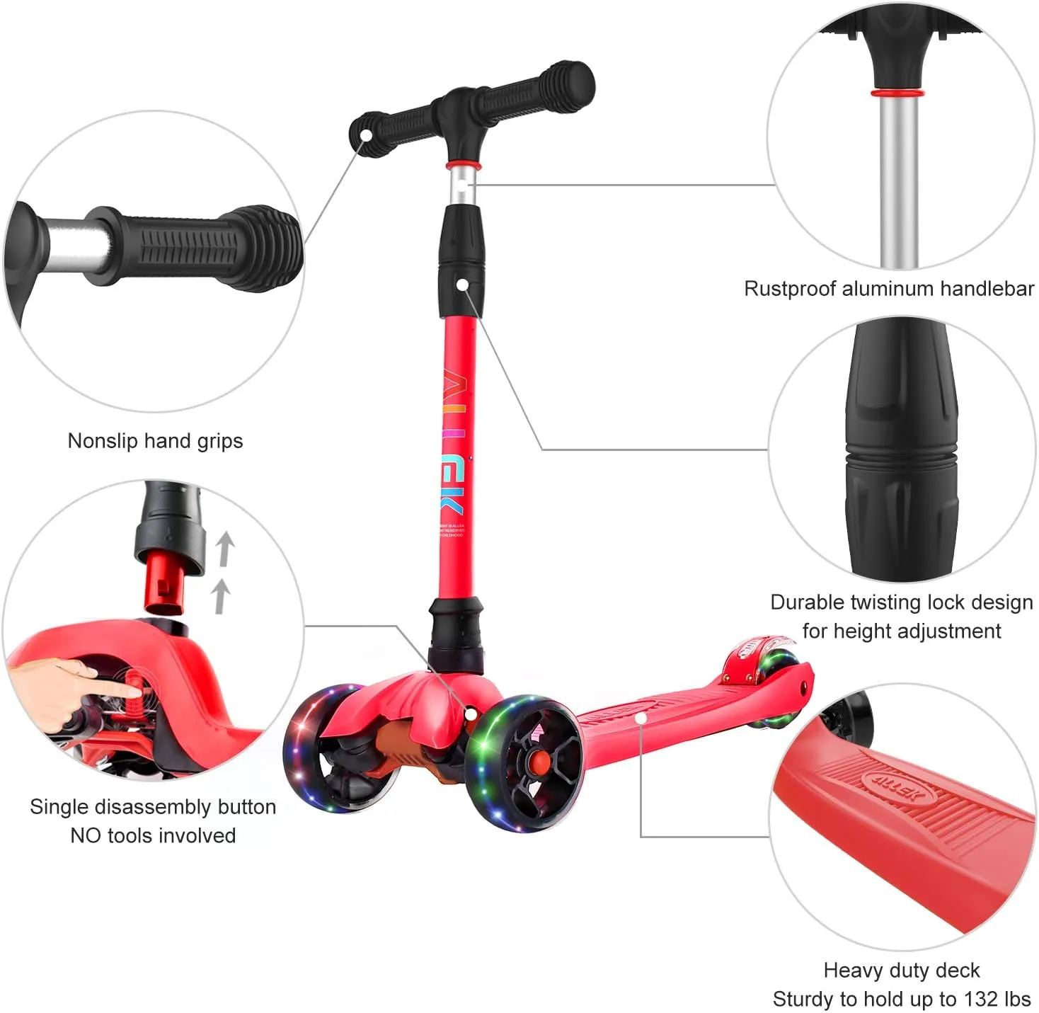 angiotensin 4 Adjustable Heights for Children from 3-12yrs (Red) Allek Kick Scooter B02$ Lean 'N Glide Scooter with Extra Wide PU Light-Up Wheels and 