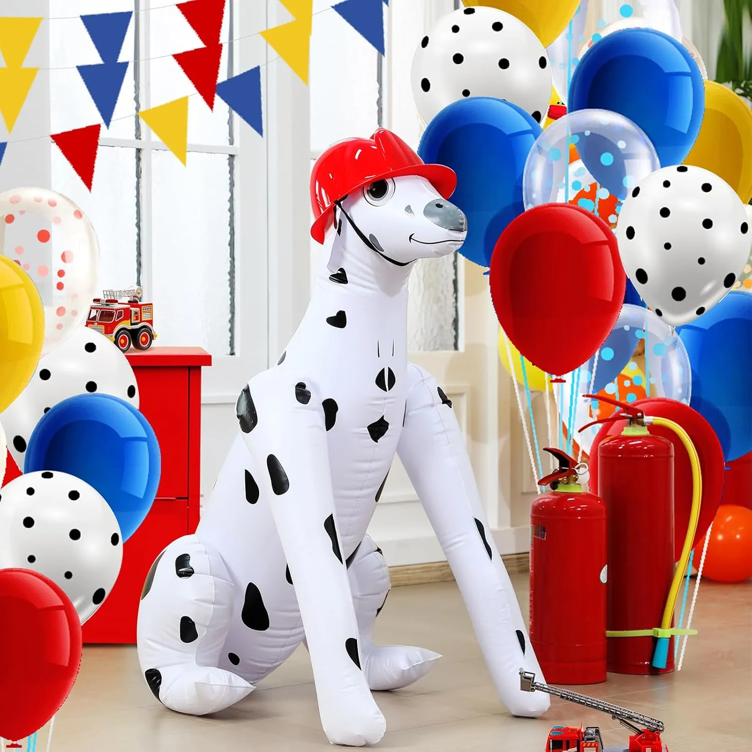 Animal Dalmatian Dog for Firefighter Fire Truck Theme Party Supplies Decor Hungdao 39 x 30 Inch Inflatable Fire Truck Dalmatian Firefighter Dogs with Fire Helmet Paw storefront Birthday Party Balloon Aerated 