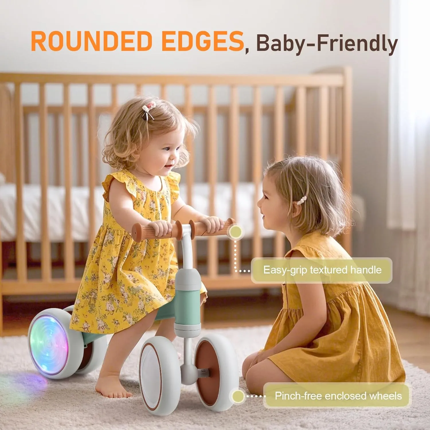 Baby Balance Bike, 1st Birthday Girl Gifts with 4 Silent Wheels & Soft Seat, Balance Bike 1 Year Old No Pedal, 12-24 Months Toddler Ride-on crayfish nestling Toys, Baby Walker for Girls Boys, Green Colorful Lighting 