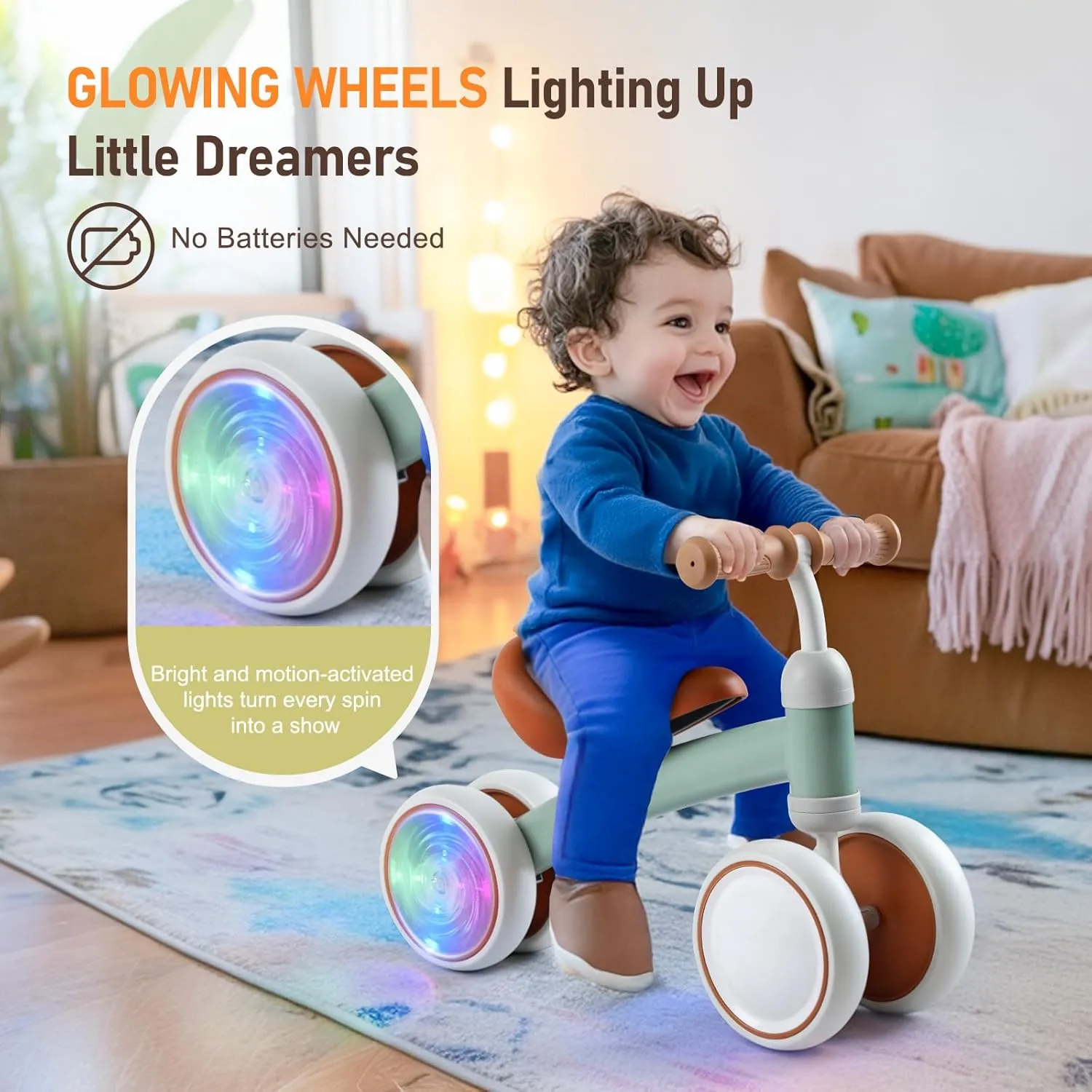 Baby Balance Bike, 1st Birthday Girl Gifts with 4 Silent Wheels & Soft Seat, Balance Bike 1 Year Old No Pedal, 12-24 Months Toddler Ride-on crayfish nestling Toys, Baby Walker for Girls Boys, Green Colorful Lighting 