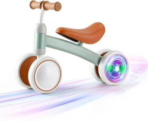 Baby Balance Bike, 1st Birthday Girl Gifts with 4 Silent Wheels & Soft Seat, Balance Bike 1 Year Old No Pedal, 12-24 Months Toddler Ride-on crayfish nestling Toys, Baby Walker for Girls Boys, Green Colorful Lighting 